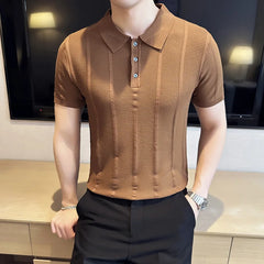 Hehope Summer Knitted Striped Polo Shirt Men Short Sleeve Ice Silk Lapel T-shirt Fashion Business Slim Social Tops Streetwear