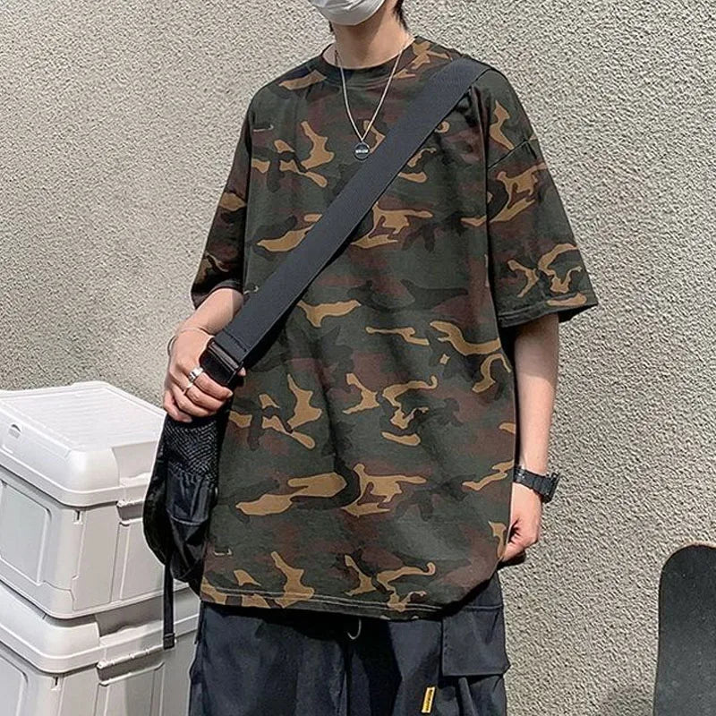 Hehope Loose Oversized Men's Clothing Short Sleeve Round Neck Fashion Casual All-match High Street Camouflage Printed Summer T-shirt