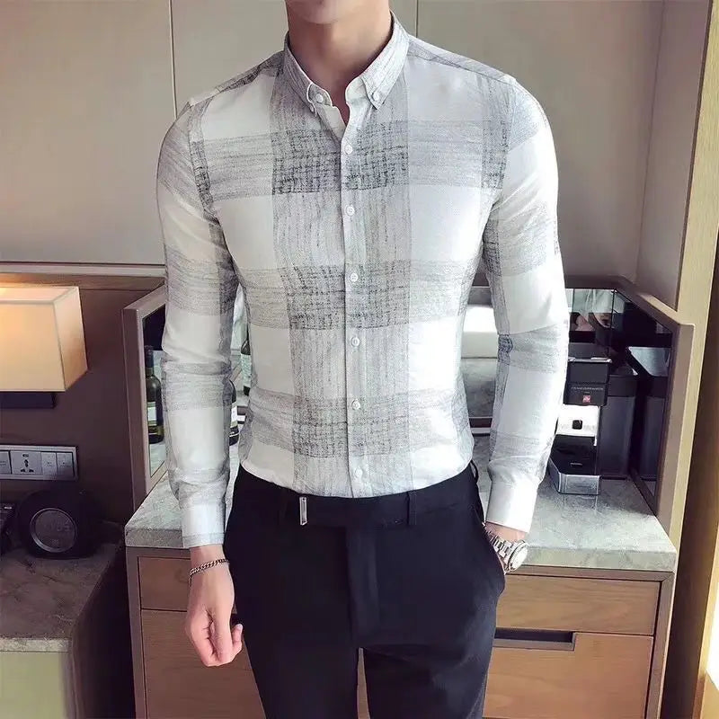 Hehope Men's Casual Square Neck Button Spring and Autumn Fashion England Printed Plaid Long Sleeved Slim Business Cardigan Shirt Tops