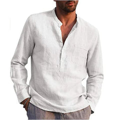 Hehope 2024 Plus Size Cotton Linen Hot Sale Men's Long-Sleeved Shirts Summer Solid Color  Stand-Up Collar Casual Beach Style