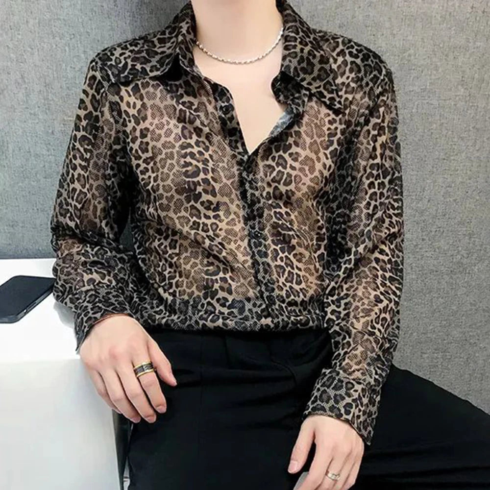 Hehope Mens Sexy Leopard Print Mesh See-Through Ice Silk Shirt Autumn Genderless Fashion Youth Nightclub Breathable Hollow Top Unisex