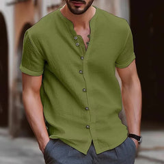 Hehope Summer Men's Casual Cotton Linen Shirt New Henley Collar Short Sleeve Button Loose Hawaii Top Solid Color Handsome Male Shirt