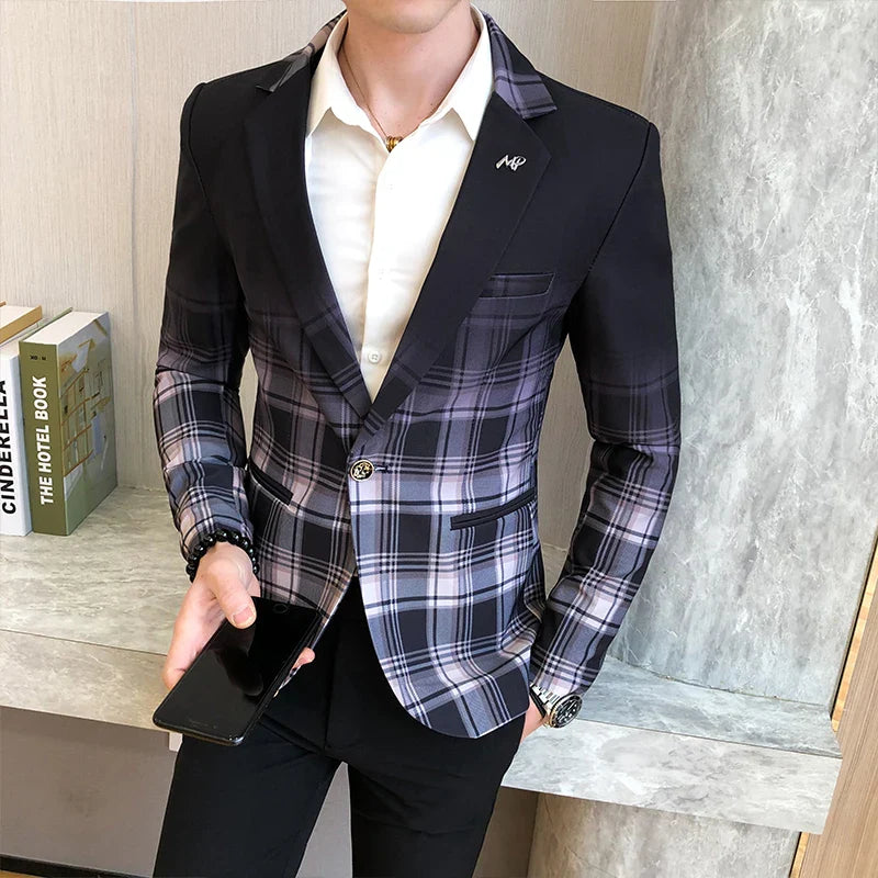 Hehope Spring New Men's Plaid Blazer Fashion Casual Men's Slim Suit Jacket Banquet Wedding Party Club Dress Branded Men's Clothing