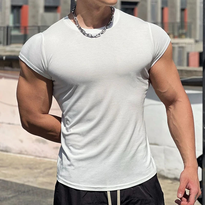 Hehope Leisure Short Sleeve O Neck Stretch Slim T-shirt Men Summer Casual Pure Color Breathable Cotton T Shirts Sports Fitness Mens Tee