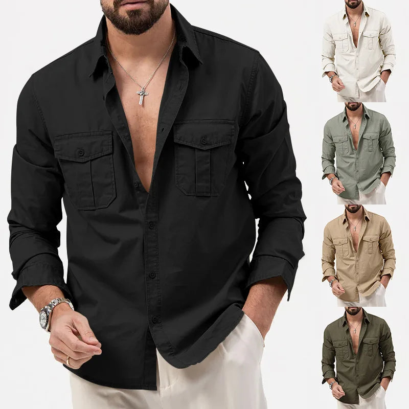 Hehope 2024 Spring Summer New Casual Loose Cotton Men Top Fashion Double Pocket Male Long Sleeved Shirt