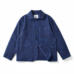 Hehope Heavy Weight Indigo Jacket Men Autumn Winter Vintage Workwear Tooling Jacket Blue Dyed Kendo Fabric Multi-pocket Cardgian Coat