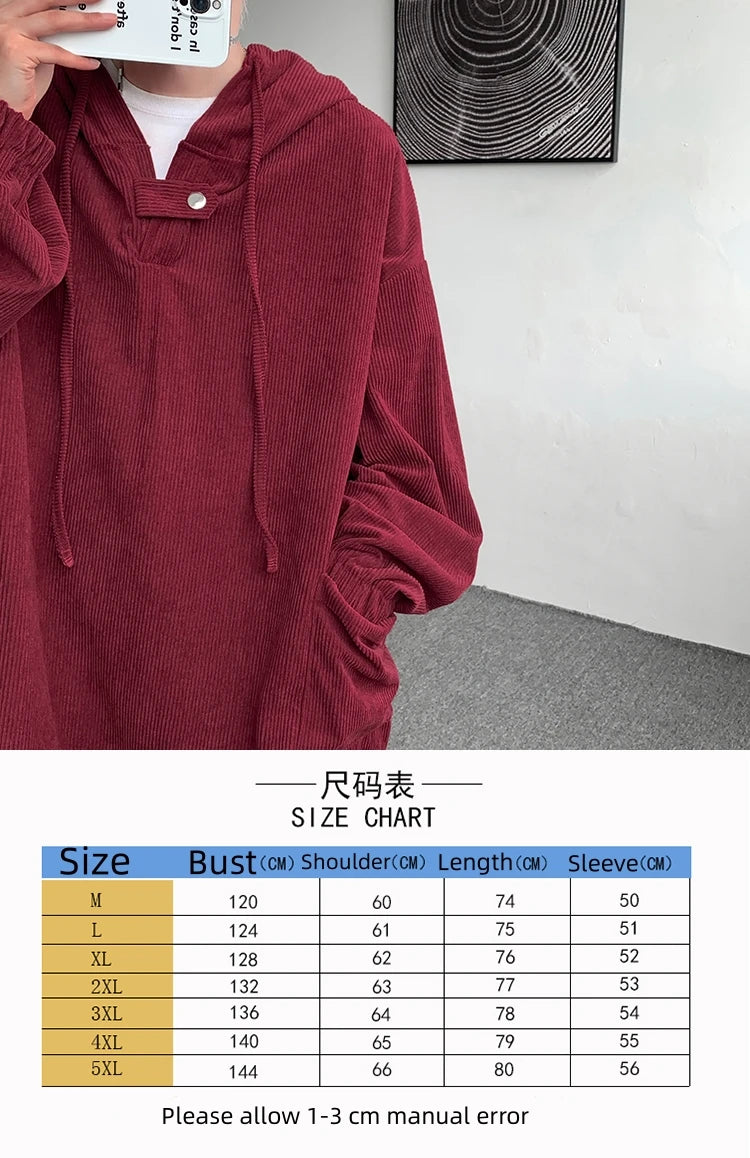 Hehope Casual Solid Hooded Corduroy Pullovers Men's Long Sleeve Autumn New Big Pocket Loose Sweatshirt Hoodies Oversized Loose Tops