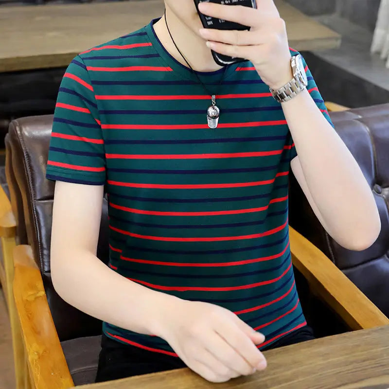 Hehope Men's 2024 Summer New Pullover O-Neck Patchwork Stripe Fashion Comfortable Slim All Match Business Casual Short Sleeved Tops