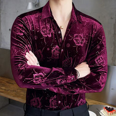 Hehope Velvet Floral Pattern Men's Shirt Slim Chemise Homme Shirt Camisa Masculina Fall  Streetwear Social Party Nightclub Singer