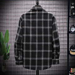 Hehope Spring Autumn Men's Youth Trendy Striped Plaid Long Sleeved Shirt Casual Loose All-match Square Neck Pocket Button Cardigan Tops