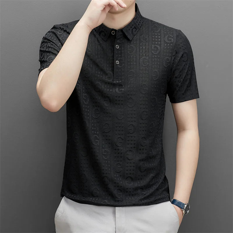 Hehope Men Fashion Business Casual Button Polo Collar Shirts Summer Short Sleeve Solid Color T-shirt Breathable Textured Pullover Tops