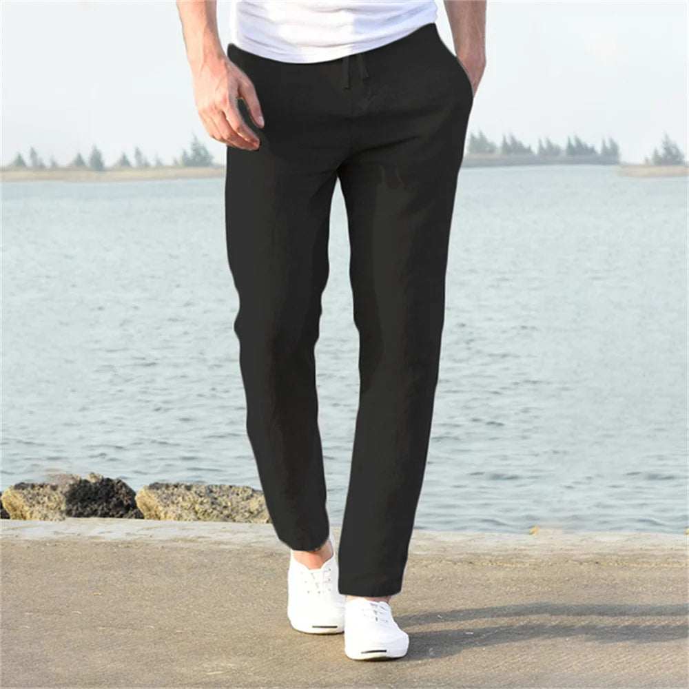 Hehope Men's Cotton Linen Pants Male Autumn New Breathable Solid Color Linen Trousers Fitness Streetwear S-3XL