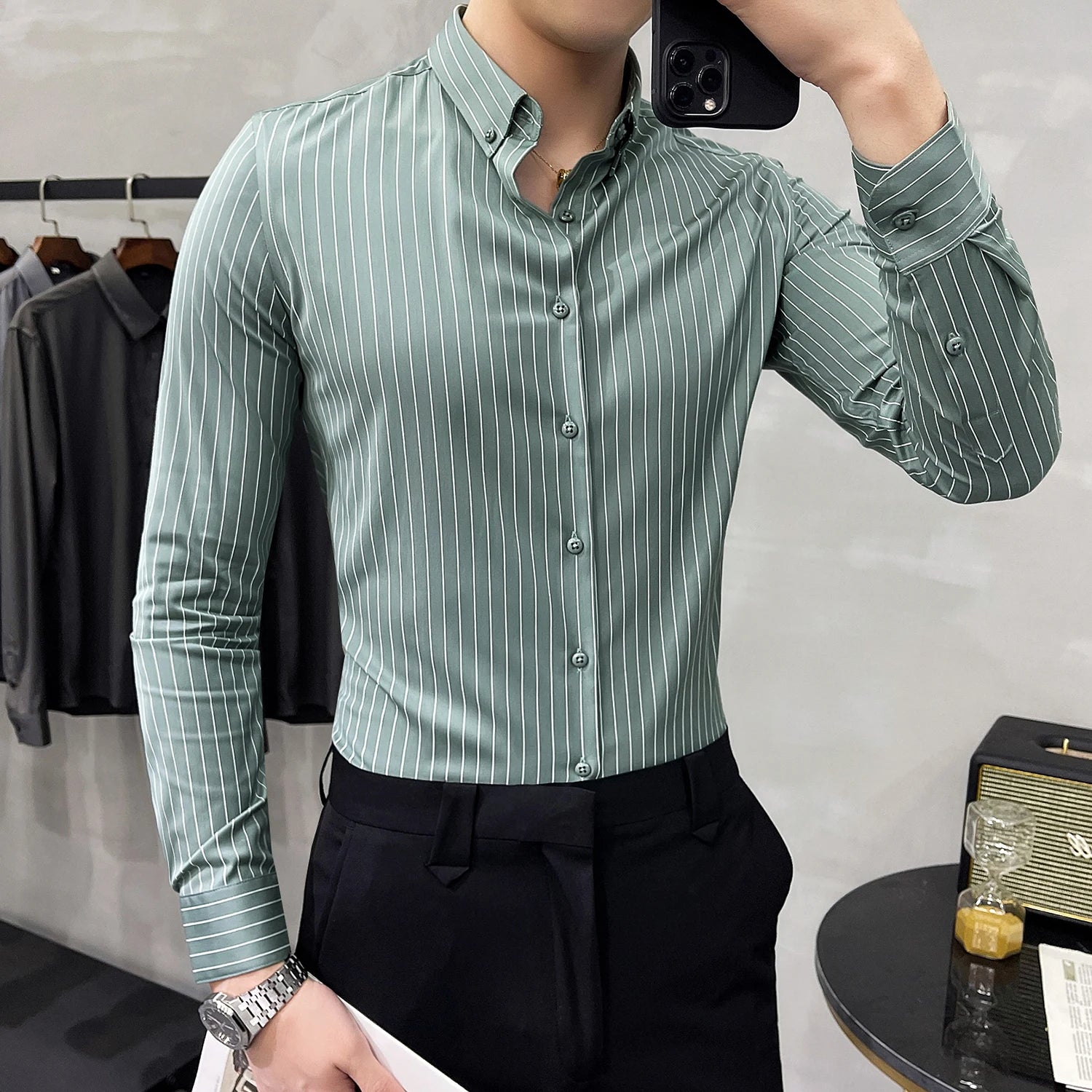 Hehope British Style Striped Shirts Mens Long Sleeve Business Formal Dress Shirt Casual Slim Fit Shirt Streetwear Social Party Clothing