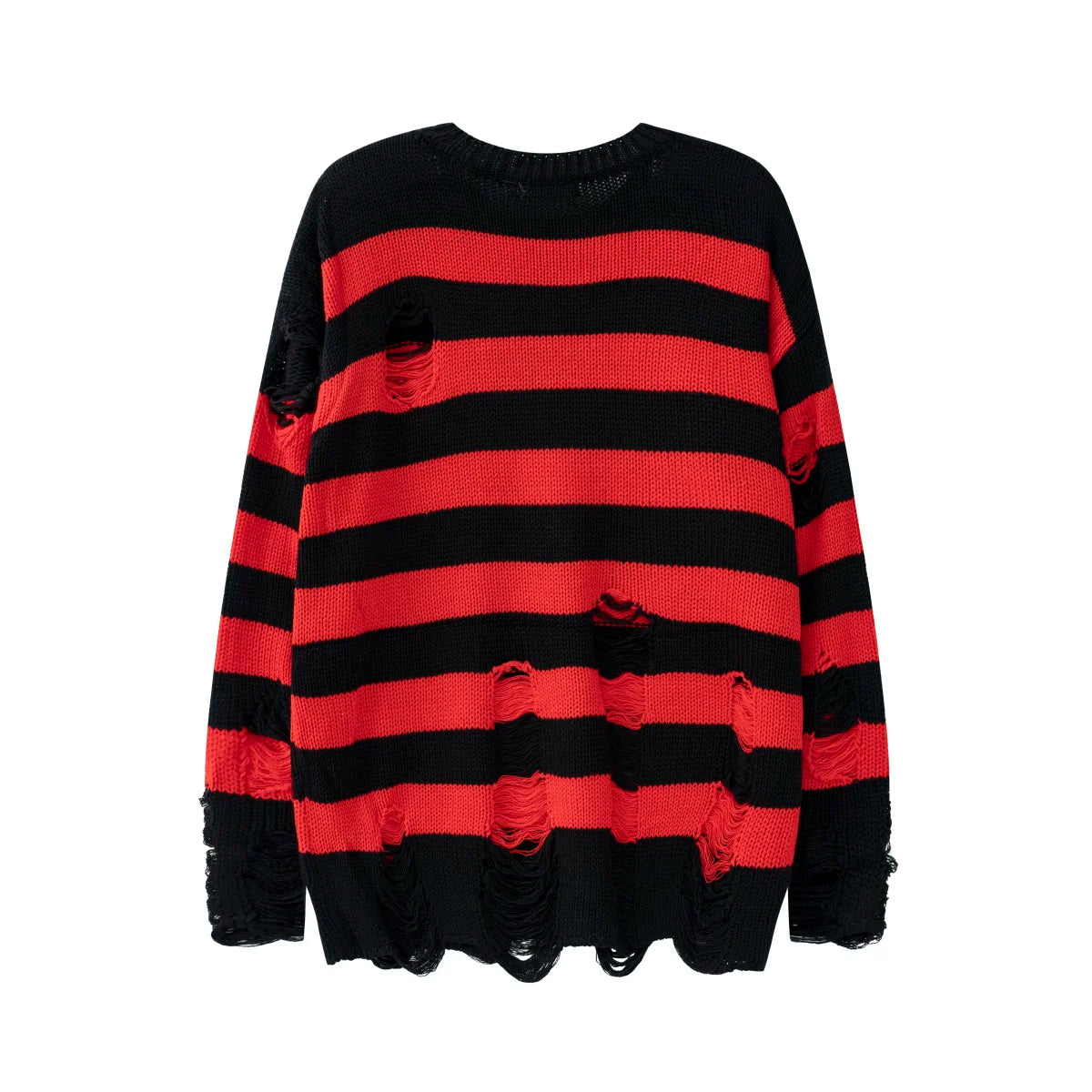 Hehope High Street Retro Punk Red and Black Stripes Autumn Sweater Men Loose Ripped Hole Tassel Pullover Round Neck Casual Clothes