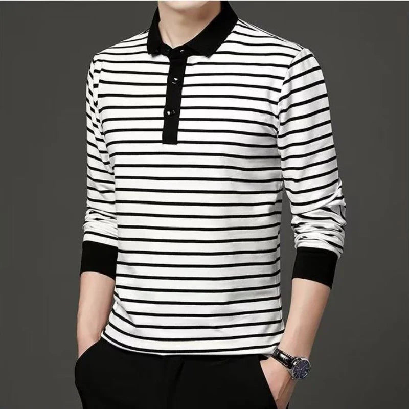 Hehope Men's Striped Long-sleeved T-shirt POLO Collar Spring/summer New Bottom Korean Version Slim Fitting Trend Stitching Button