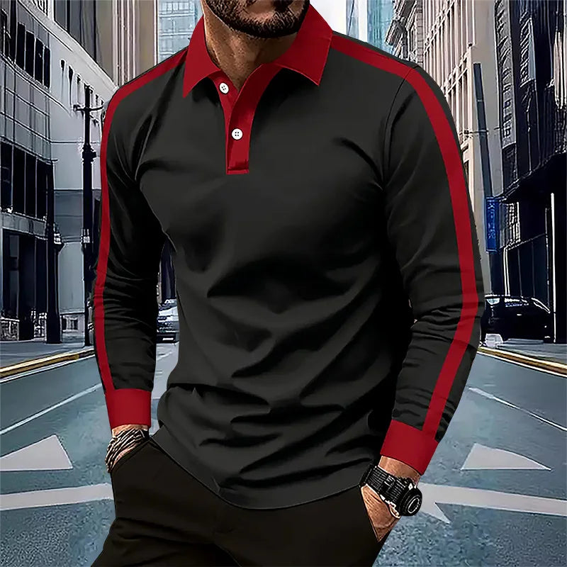 Hehope Men's Long Sleeved Polo Shirt, Spring and Autumn Casual Sports Breathable Top, Men's Fashion Patchwork Polo Shirt