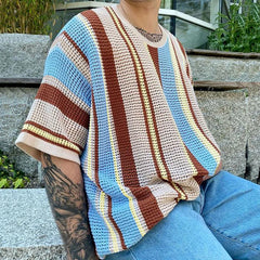 Hehope Summer New Mens Fashion Knit Pullover Top Male Casual Loose Short Sleeve O Neck Knitted Tee Men Trendy Patchwork Striped T-shirt