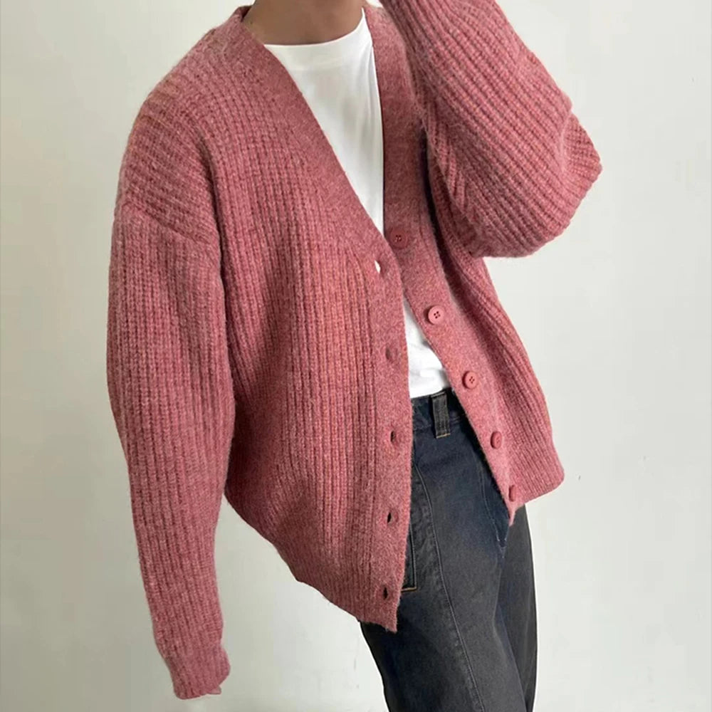 Hehope Mens Autumn Winter Solid Color Thin Cardigan Knitted Sweater Essential Youth Trend French Elegant Casual Simple Sweater For Men