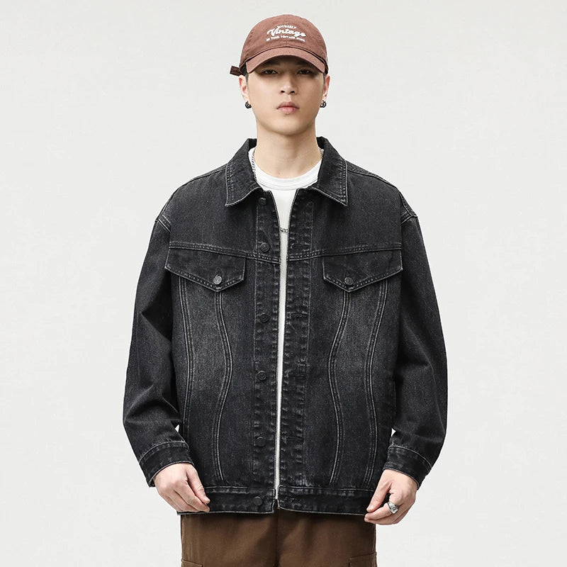 Hehope Autumn Baggy Men's Denim Jacket Retro Street Oversized Irregular Stitching Washed Black Jeans Coats Fashion Casual Streetwear