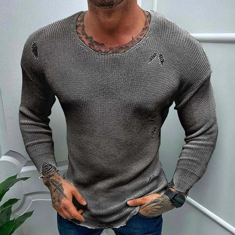 Hehope Men's Casual Tops Spring Summer Fashion Solid  knit Long Sleeve Torn Sweater Male Tees Holiday Streetwear Chic Shirts