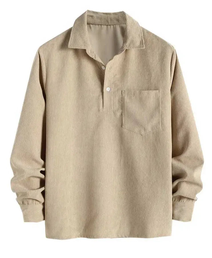 Hehope Corduroy Men's Shirts Solid Half Button Turndown Collar Long Sleeves Shirt Fall Spring Streetwear Overshirt Tops