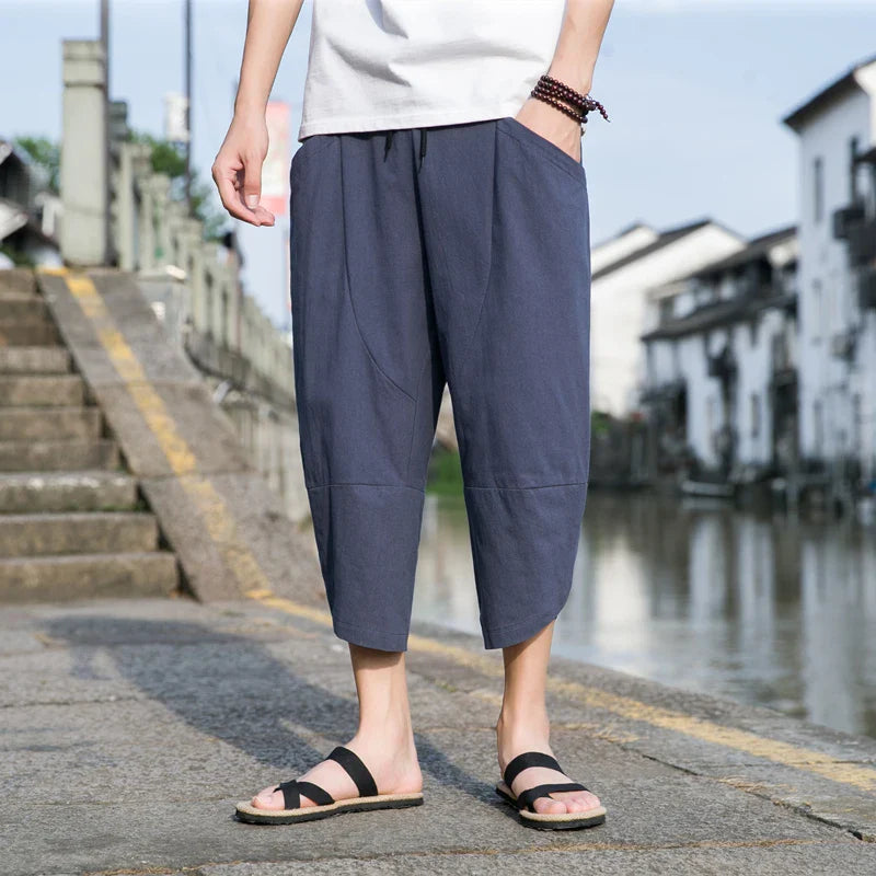 Hehope Cotton and Linen Capri Pants Men's Summer Thin Linen Pants Casual Beach Pants Men's Pants Shorts