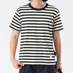 Hehope Thick Heavy T-Shirt Men Summer New Casual Cotton Round Neck Sea Soul Shirt Vintage Striped Short-Sleeved Tshir