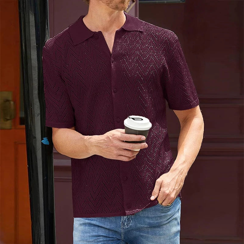 Hehope 2024 Spring Summer Beach Shirts Men Knitted Hollow Out Breathable Casual Shirt Solid Color Buttoned Lapel Short-sleeved Shirts