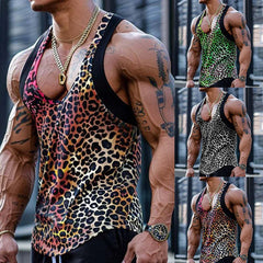 Hehope Men's Sexy Leopard Print Vest Casual Personality Punk Sleeveless Tee Men's Leopard Print Sleeveless T-shirt Male Sports Tank Top