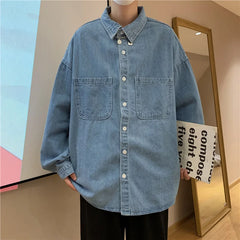 Hehope Autumn ins high street cowboy shirt men's design inside couple simple long sleeve outside Lapel shirt Denim camisa jeans