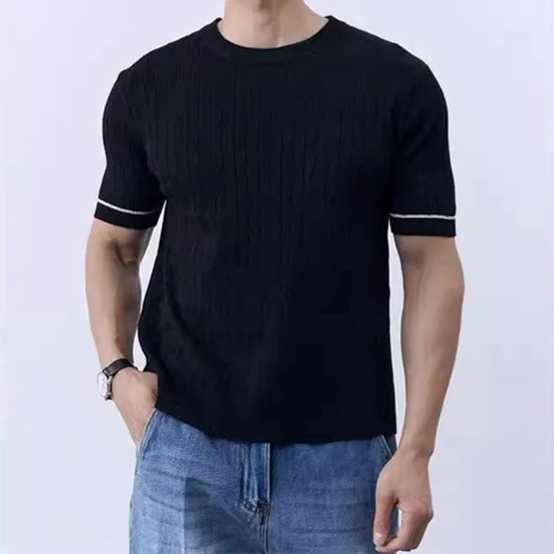 Hehope Streetwear Mens Vintage Jacquard Slim Knit T Shirt Short Sleeve O Neck Knitted Tee Men Summer Fashion Pullover Top Male Knitwear