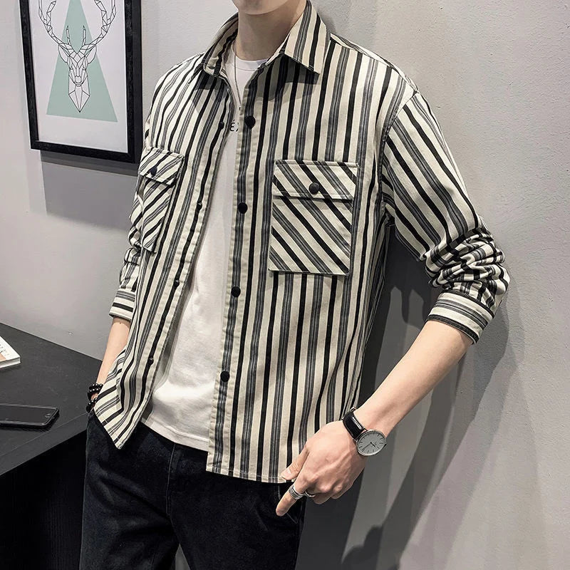 Hehope Spring Autumn Vintage Striped Printed Casual Blouse Homme Loose All-match Buttons Cardigans Male Pocket Shirt Top Men's Clothing