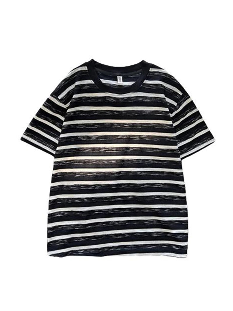 Hehope Men Oversized Streetwear Cotton Striped T Shirts 2024 Summer Mens Japanese Fashions Harajuku T-Shirt Male Vintage Tees D190