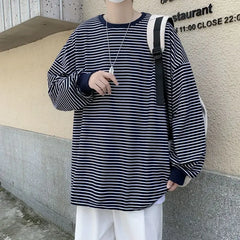 Hehope New Spring and Autumn Fashion Hong Kong Style Stripes Lazy Fashion Brand Handsome Youth Trend Casual Men's T-shirt