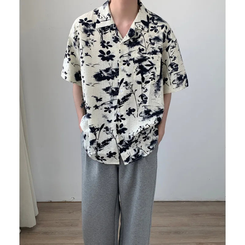 Hehope Summer Short Sleeved Shirt Men Oversized Printed Casual Shirt Men Streetwear Korean Loose Flower Shirts Mens Hawaiian Shirt