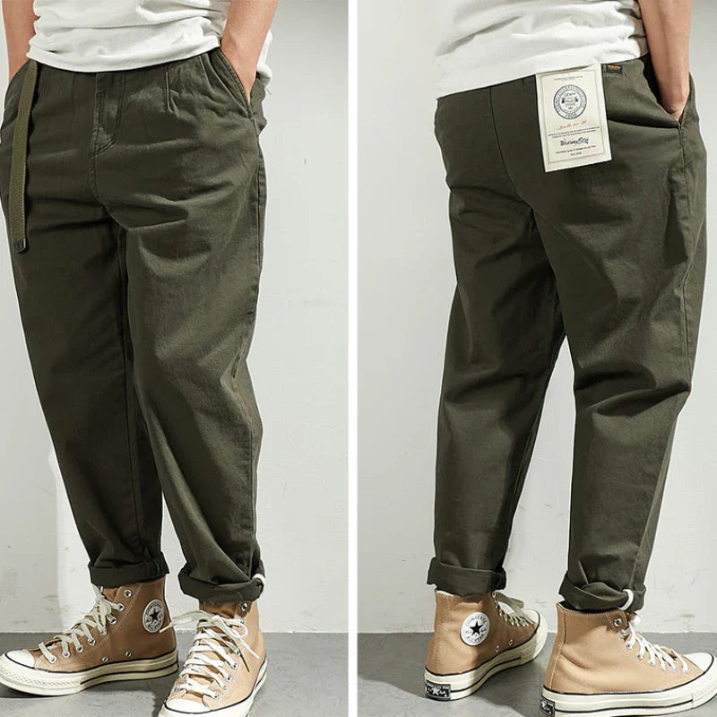 Hehope Japanese Casual Pants with Retro Loose Feet, Men's Fashionable Clothes Washed with Old Khaki Elastic Woven Nine-point Tapered Pa