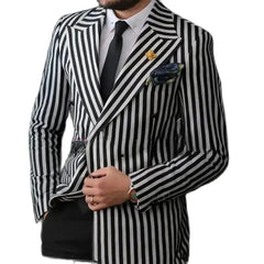 Hehope Luxury Men's Suits Blazer Black White Stripe Double Breasted Peaked Lapel Elegant 2 Piece Jacket Pants Slim Fit Tailor Clothing