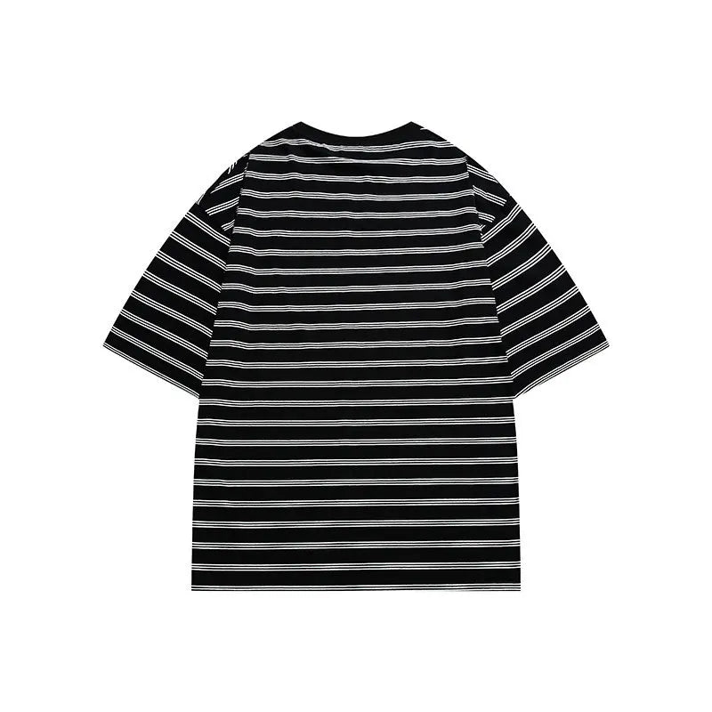 Hehope Summer Striped Short Sleeved New Japanese Casual Cotton Loose Striped Printed Round Neck Regular Pullover T-Shirt