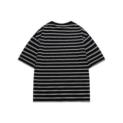 Hehope Summer Striped Short Sleeved New Japanese Casual Cotton Loose Striped Printed Round Neck Regular Pullover T-Shirt