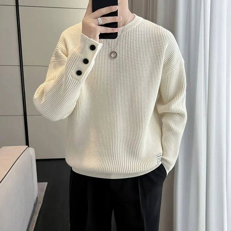 Hehope Spring Autumn New Fashion Round Neck Long Sleeve Pullovers Men's Clothing Solid Color Korean Casual Loose Trend All-match Tops