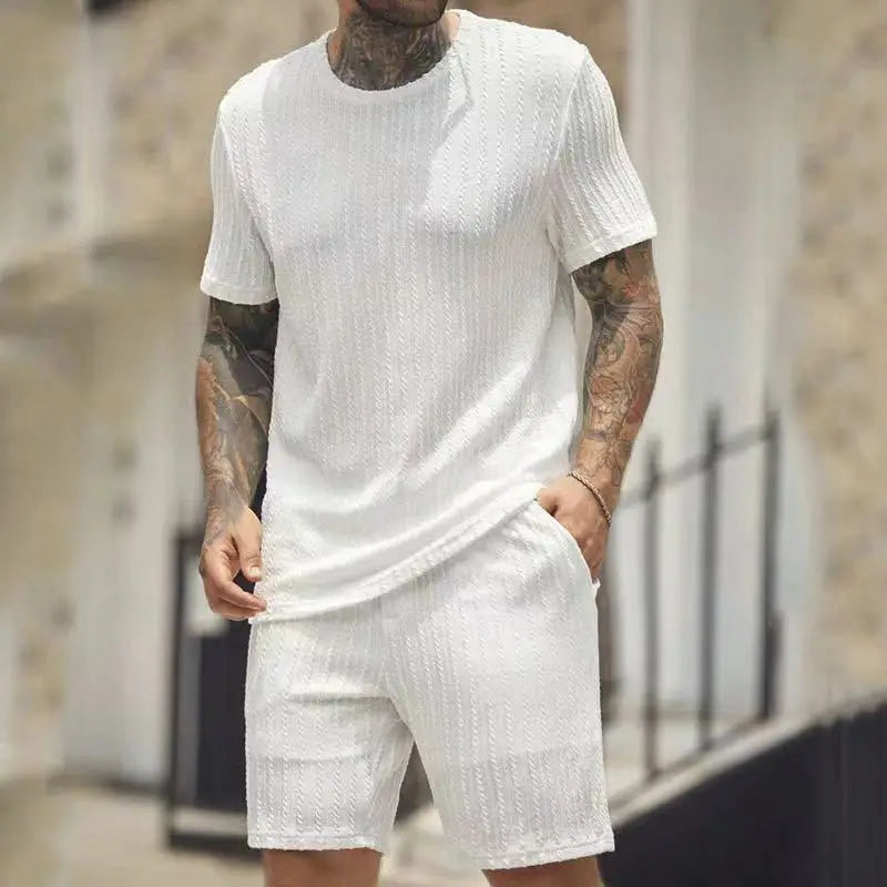 Hehope 2024 Summer Men's Sports Suits Solid Color O-Neck Pullover Striped T-shirt And Shorts Two Piece Set For Male Outfits Streetwear