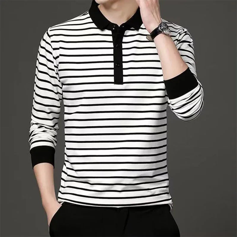 Hehope Fashion Men New Striped Polo Shirts Spring Autumn Long Sleeve Lapel Cotton Tee Shirt Male Clothes Casual Business T-Shirt