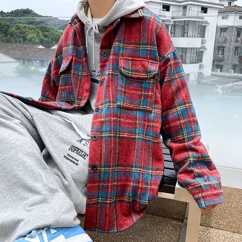 Hehope Thick Plaid Woolen Coat Men Warm Oversized Retro Thickened Woolen Jacket Mens Streetwear Korean Loose Short Woolen Coat Men