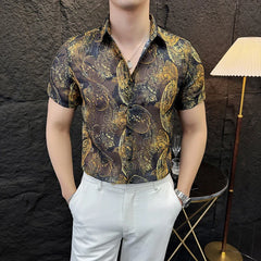 Hehope 2024 Summer Retro Printed Shirt for Men High Quality Short Sleeved Casual Shirt Male Social Banquet Nightclub Shirt Streetwear