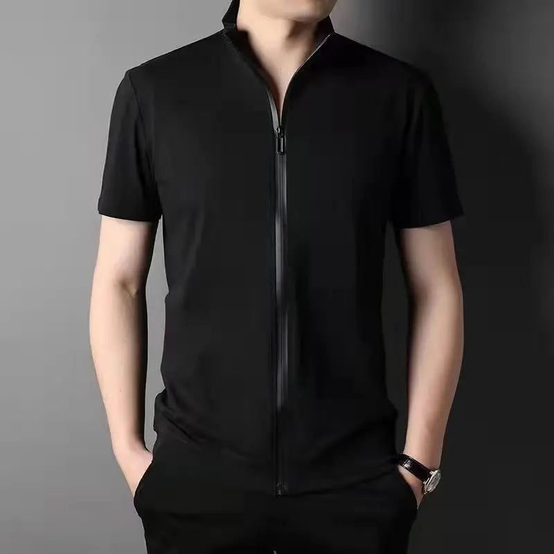 Hehope Men Summer Trend Stand Collar Zipper Cardigan Shirts Solid Short Sleeve Comfortable Business Casual Top Ropa Hombre Camisas