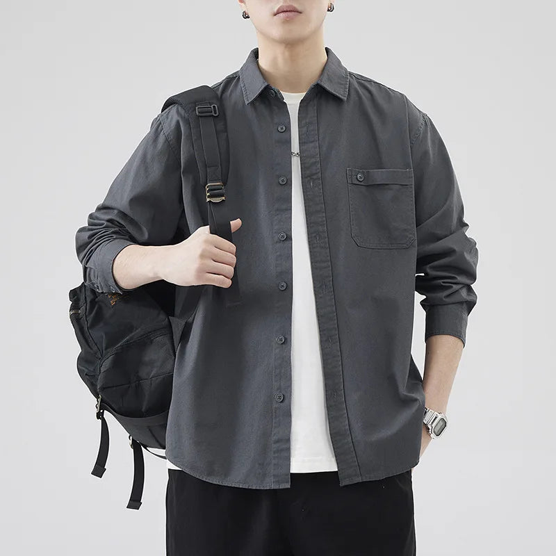 Hehope Spring and autumn new fashion men retro simple shirt with loose cargo casual shirt coat