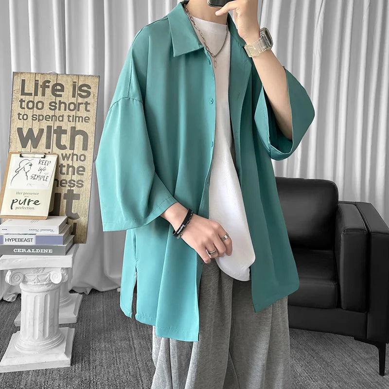 Hehope Solid Color Oversized Men's Shirts Harajuku Men Casual Half Sleeve Shirt Tops Cool Summer Streetwear Man Blouse 6 Colors