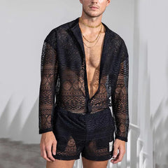 Hehope New Arrivals Men Set Summer Sexy See Through Lace Outfits Beach Fashion Short Sleeved Tops And Shorts Mens Two Piece Suits