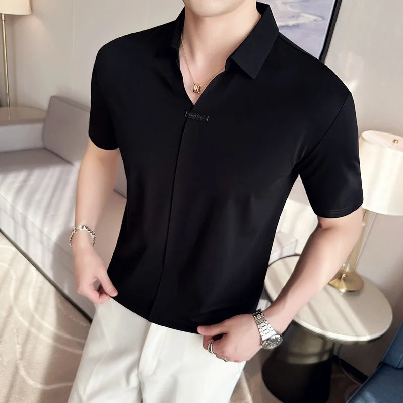 Hehope High Elasticity Mens Short Sleeved T-shirt 2024 Summer Breathable and Soft Solid Casual Slim Fit Ice Silk T-shirt Men Clothing