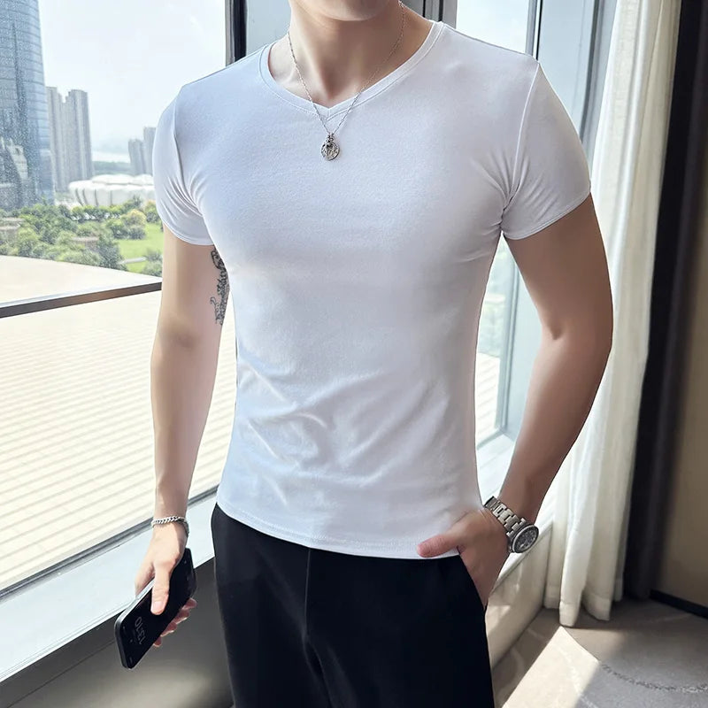 Hehope High Elastic Pure Cotton Slim Fit T Shirt for Men Summer New Solid Casual Short Sleeved T-shirt Tops Korean Men Clothing